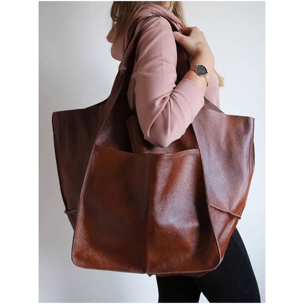 Luxe Vegan Leather Minimalist Oversized Tote Bag - Picture 3 of 16